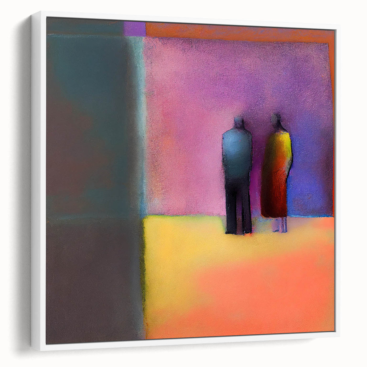 Abstract figurative wall art in a sleek white frame, showcasing vibrant colors and dynamic shapes, ideal for modern home decor or office settings.