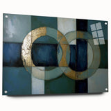 Abstract geometric acrylic glass art piece showcasing vibrant colors and intricate designs, viewed from the side with visible mounting pins, ideal for modern decor.