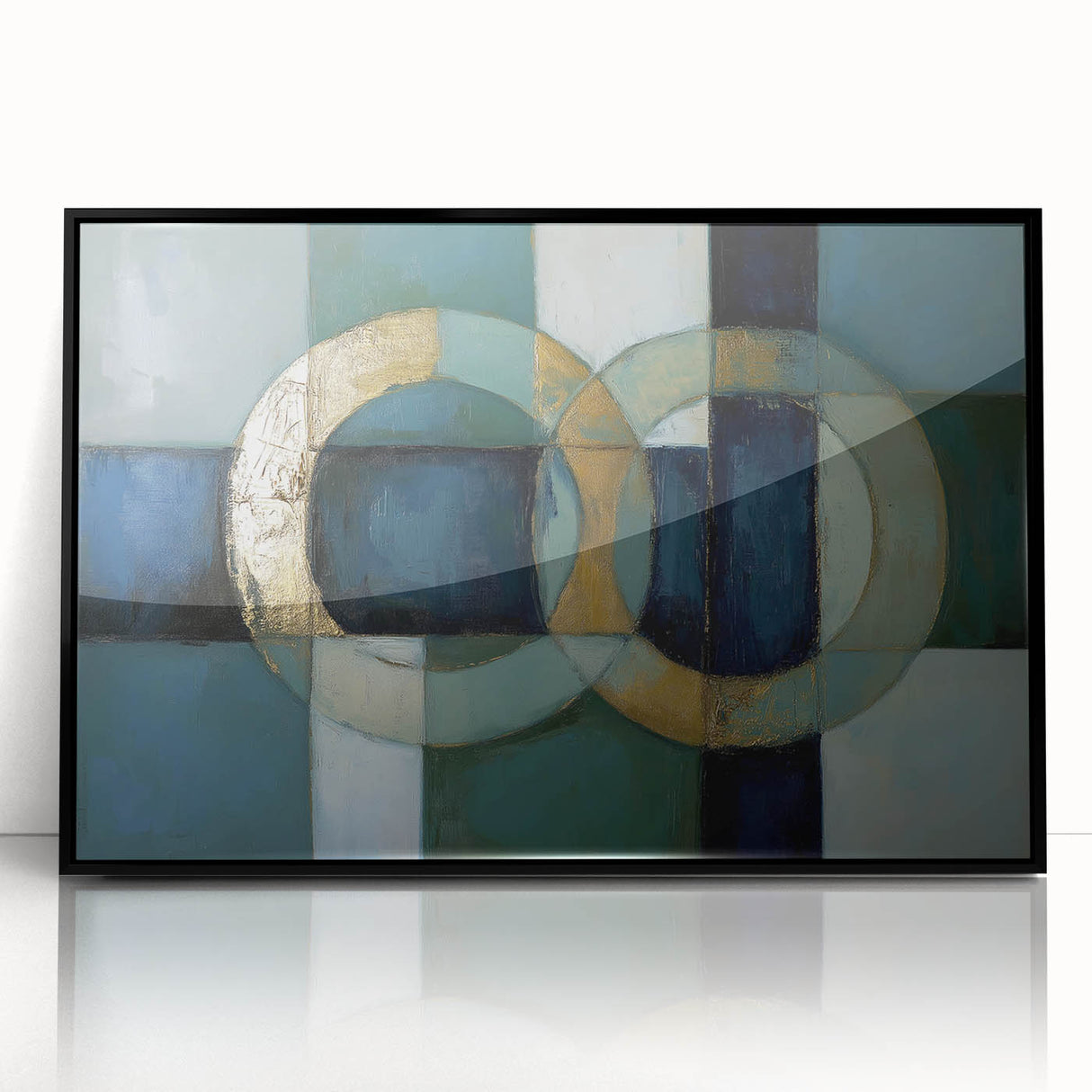 Framed abstract geometric acrylic artwork featuring sleek black lines and vibrant colors, perfect for modern home decor. Ideal for enhancing contemporary living spaces.