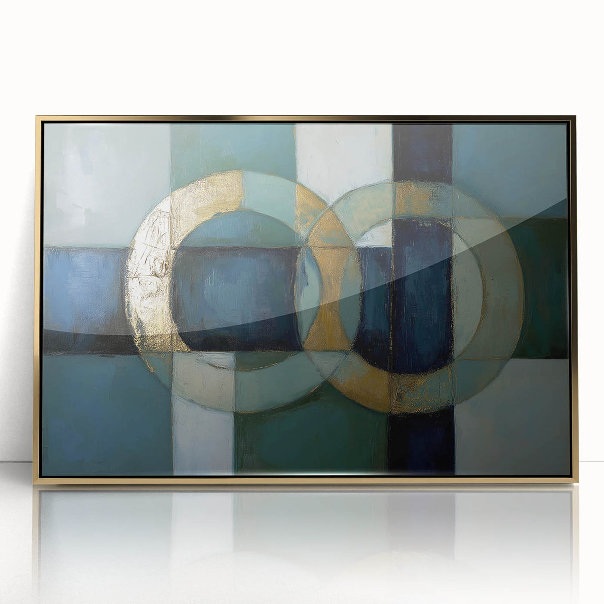 Framed abstract geometric acrylic art piece with gold accents, showcasing intricate shapes and modern design, ideal for contemporary home decor.