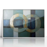 Framed abstract geometric wall art in white acrylic, featuring bold shapes and lines, perfect for modern home decor. Ideal for adding a contemporary touch to living spaces.