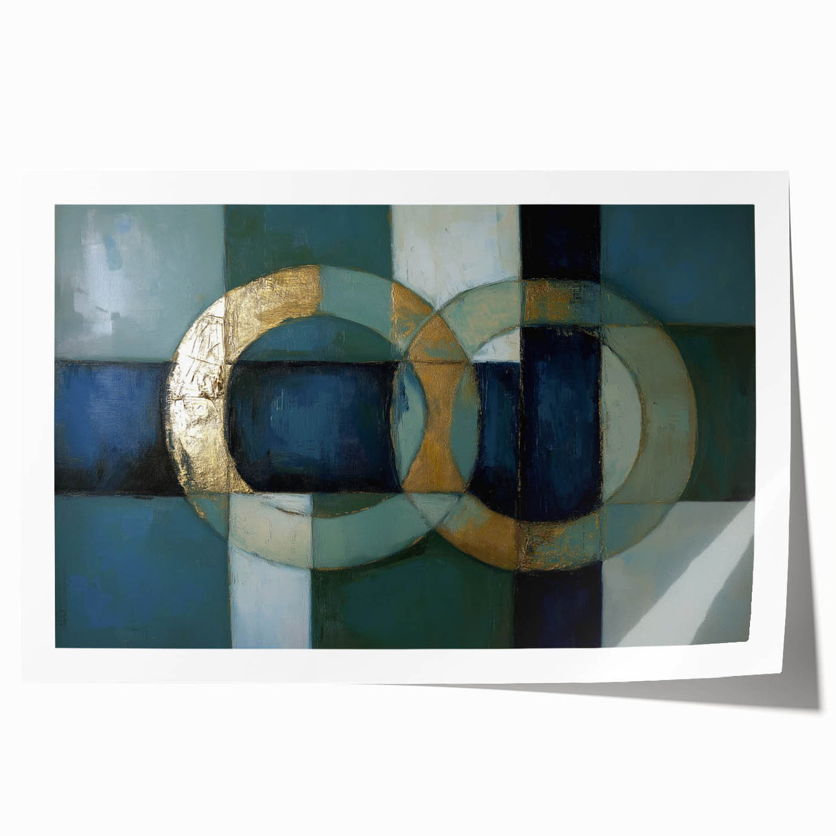 Abstract geometric rolled print showcasing vibrant shades of blue, orange, and yellow, featuring intricate patterns. Ideal for modern home decor, it arrives securely packaged in a sturdy cardboard tube.