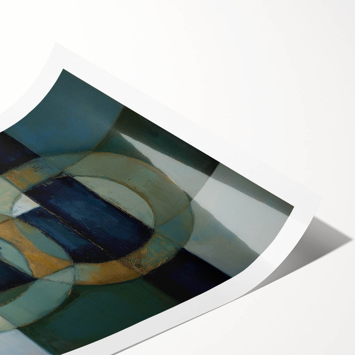 Abstract geometric rolled print showcasing vibrant colors and bold shapes, elegantly packaged in a protective cardboard tube, ideal for modern home decor.