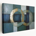 Abstract geometric stretched canvas artwork showcasing vibrant colors and intricate shapes, displayed from the side view, perfect for modern interior decor.