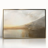 Framed acrylic wall art featuring an abstract landscape design in gold and neutral tones, ideal for modern home decor, adding elegance to living spaces.
