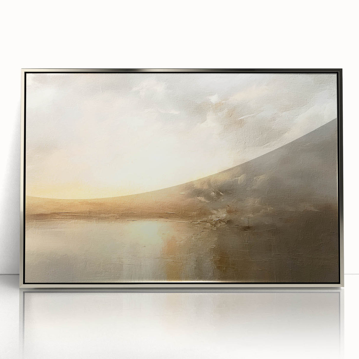 Framed abstract landscape wall art featuring a silver acrylic finish, showcasing soft hues of blues and earthy tones, perfect for modern home decor and enhancing interior aesthetics.