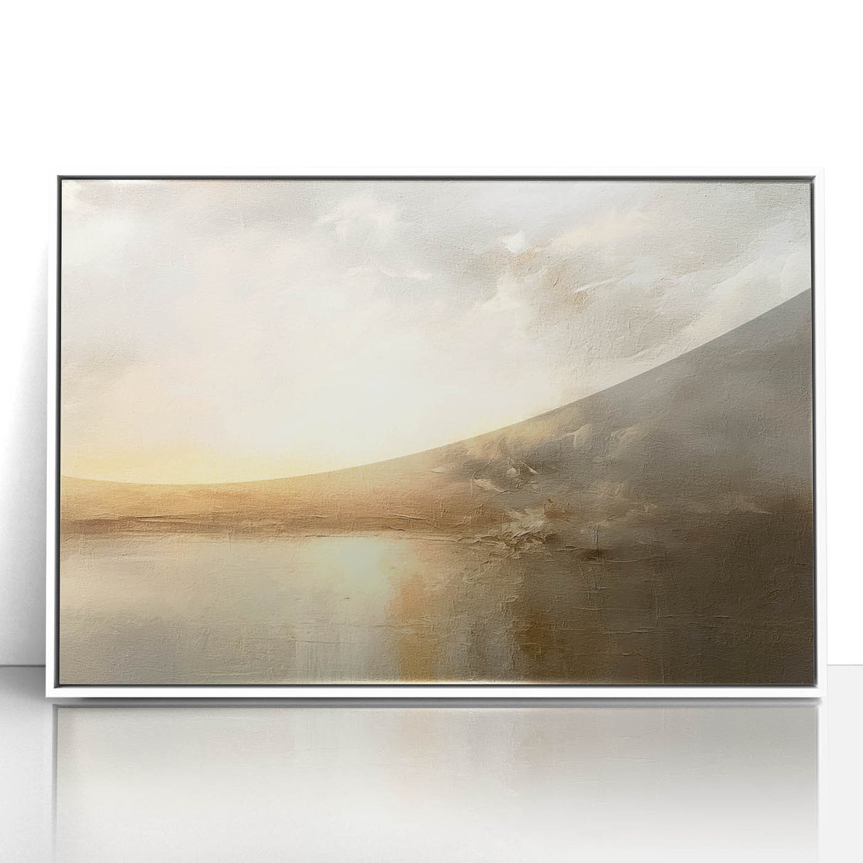 Framed abstract landscape wall art featuring vibrant colors and fluid designs, set in a sleek white frame, perfect for modern home decor.