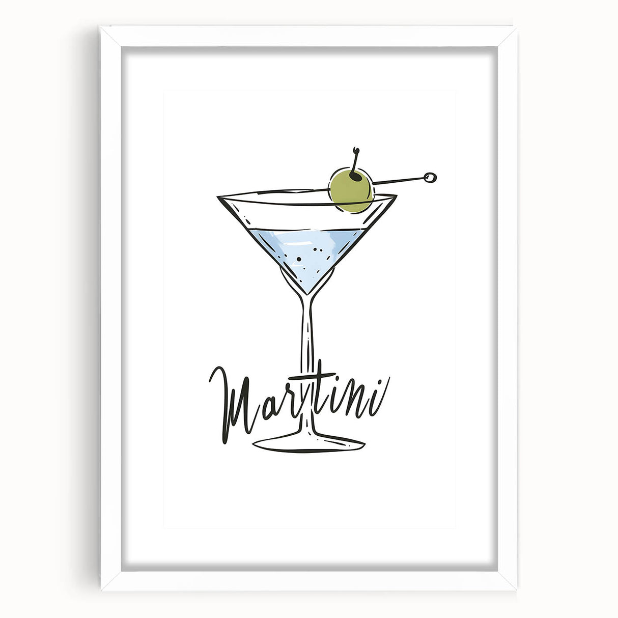 Abstract art print featuring assorted food and drink items in vibrant colors on a white framed mat.