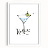 Abstract art print featuring assorted food and drink items in vibrant colors on a white framed mat.