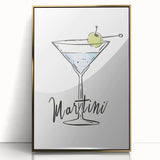 Art deco poster featuring a stylized martini glass in gold and black on a framed acrylic.