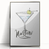 Large art print of colorful mid-century modernist food and drinks, in a silver framed acrylic.