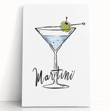 Large black and white stretched canvas featuring an array of stylized food and drink items, ideal for kitchen wall art.