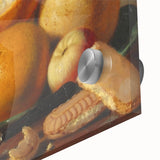 Large abstract wall art featuring an assortment of fruits in vibrant colors on acrylic glass, suitable for dining room decor.