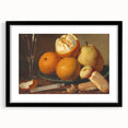 Extra large abstract art print featuring colorful, textured fruits, in a black frame with mat, ideal for living room decor.