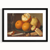 Extra large abstract art print featuring colorful, textured fruits, in a black frame with mat, ideal for living room decor.