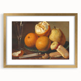 Extra large abstract art print featuring textured patterns of vibrant fruits on a gold-framed canvas.
