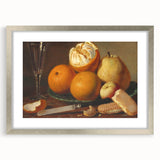 Textured art depicting abstract fruits in muted earth tones, framed in silver, ideal for bedroom art.