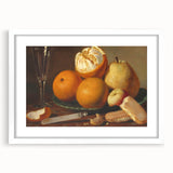 Abstract art print of assorted fruits in vibrant colors on a white framed mat, ideal for dining room decor.