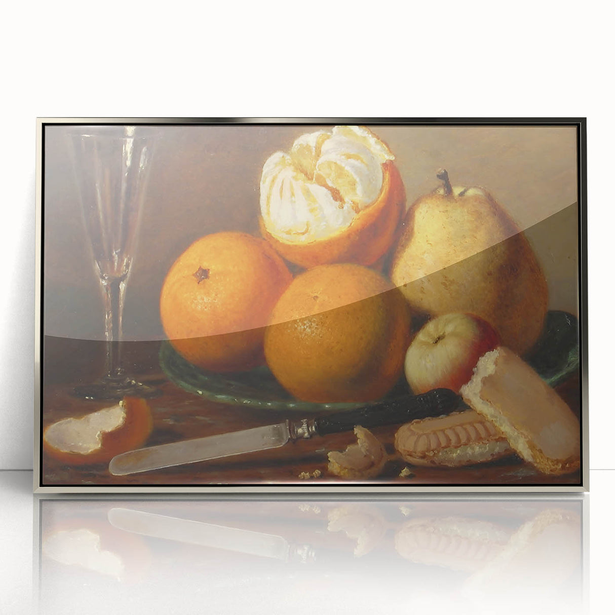 Mid-century modernist art featuring assorted fruits in vibrant colors on a silver-framed acrylic print.