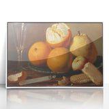 Acrylic print of colorful assorted fruits in art deco style, framed in white, suitable for modern kitchen decor.