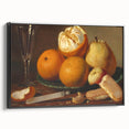 Black and white vintage poster art on framed canvas featuring a landscape of fruit, ideal for bedroom wall decor.