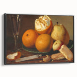 Black and white vintage poster art on framed canvas featuring a landscape of fruit, ideal for bedroom wall decor.