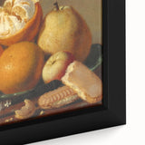 Close-up of black wall art featuring colorful, textured fruits on a large framed canvas, ideal for living room decor.