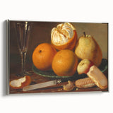 Landscape art painting of colorful fruits on a black background, framed in silver, ideal for kitchen wall decor.