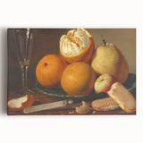 Black and white stretched canvas featuring an assortment of fruits, ideal for kitchen wall art.