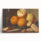 Black and white photo of assorted fruits on a stretched canvas, ideal for kitchen wall art.
