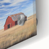 Close-up view of a landscape barn acrylic glass artwork, highlighting vibrant colors and intricate details, perfect for home decor enthusiasts and art collectors.