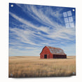 Acrylic glass side view of a barn design featuring landscape art, showcasing vibrant colors and fine details, secured with pins for display stability.