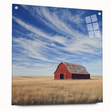 Acrylic glass side view of a barn design featuring landscape art, showcasing vibrant colors and fine details, secured with pins for display stability.