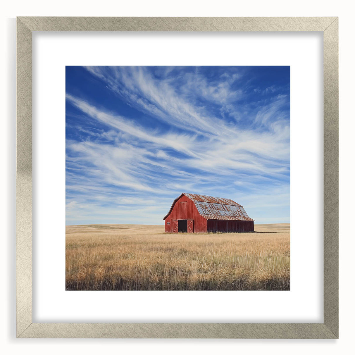Framed landscape art print featuring a barn scene, displayed in a sleek silver frame with a white mat, ideal for rustic home decor. Perfect for country-themed interiors.