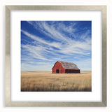 Framed landscape art print featuring a barn scene, displayed in a sleek silver frame with a white mat, ideal for rustic home decor. Perfect for country-themed interiors.