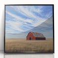 Framed acrylic landscape artwork depicting a serene barn scene with vibrant colors and detailed textures, featuring a black frame that enhances its rustic charm.