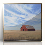 Framed acrylic artwork showcasing a modern gold barn landscape design, featuring rich textures and vibrant colors, perfect for enhancing home decor.