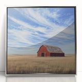 Framed acrylic landscape artwork of a serene barn scene, showcasing vibrant colors and intricate details, ideal for home decor or office settings.