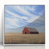Framed acrylic artwork showcasing a scenic landscape with a barn, highlighted by a white frame, ideal for rustic home decor. Perfect for enhancing living spaces.