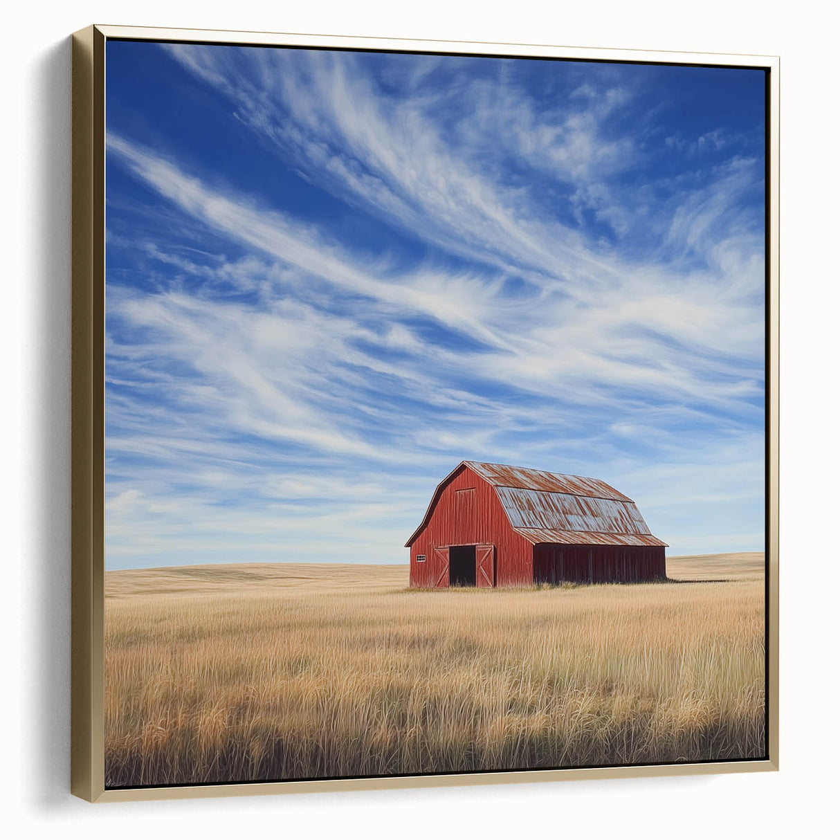 Landscape barn-themed canvas artwork featuring a silver and gold color palette, elegantly framed, showcasing rustic charm and artistic detail, perfect for home decor.