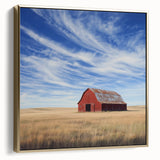 Landscape barn-themed canvas artwork featuring a silver and gold color palette, elegantly framed, showcasing rustic charm and artistic detail, perfect for home decor.