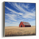 Silver-framed landscape canvas artwork showcasing a serene barn scene with vibrant colors and intricate details, perfect for home decor and rustic themes.