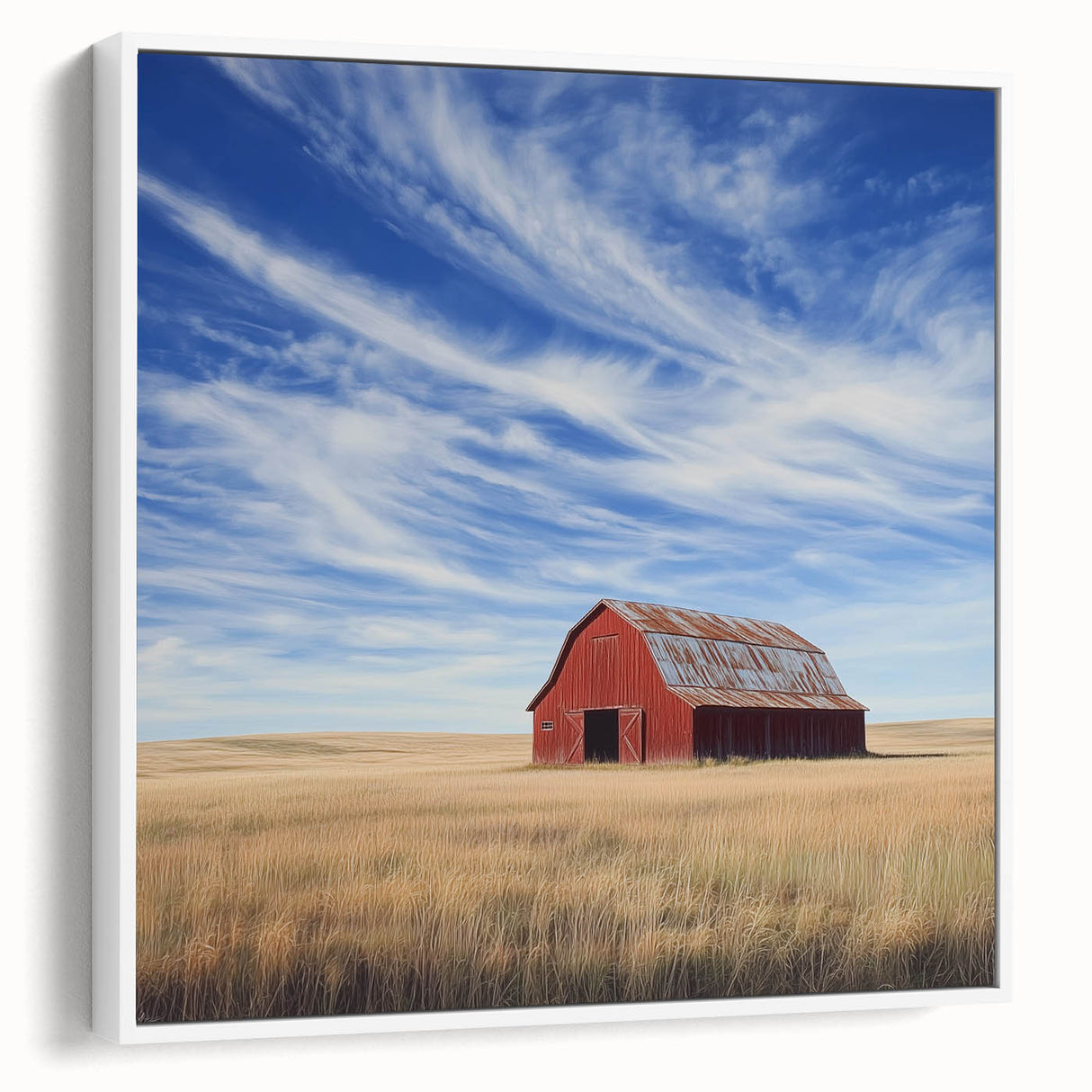 Barn-themed canvas artwork in a white frame, showcasing a scenic landscape view with vibrant colors and details, perfect for home decor and rustic aesthetics.
