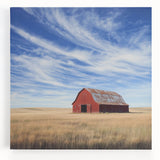Stretched canvas artwork depicting a serene landscape with a rustic barn, showcasing vibrant colors and fine details, ideal for home decor and artistic ambiance.