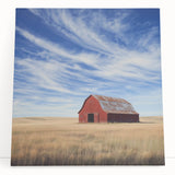 Landscape canvas art depicting a serene barn scene, featuring warm earthy tones and lush greenery. Perfect for rustic home decor or farmhouse aesthetics.