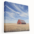 Stretched canvas artwork depicting a serene landscape with a rustic barn, showcasing rich greens and warm browns, ideal for home decor or art enthusiasts. This vibrant piece adds a tranquil touch to any living space or gallery wall.