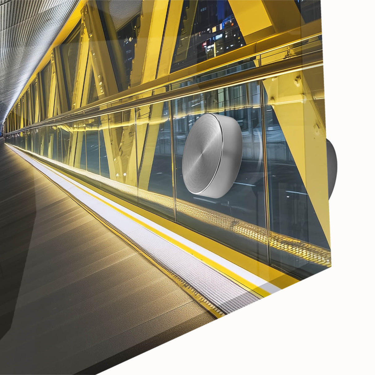 Close-up view of a landscape bridge design crafted from acrylic glass, showcasing vibrant colors and intricate details against a soft-focus background, ideal for modern decor.