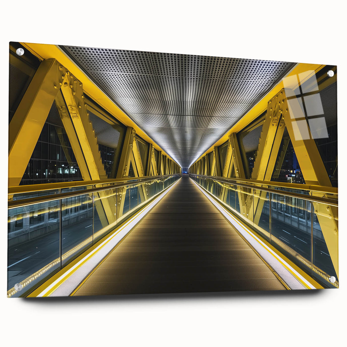 Acrylic glass side view of a modern landscape bridge design, showcasing vibrant colors and intricate details, elegantly held in place with pins, perfect for contemporary decor.