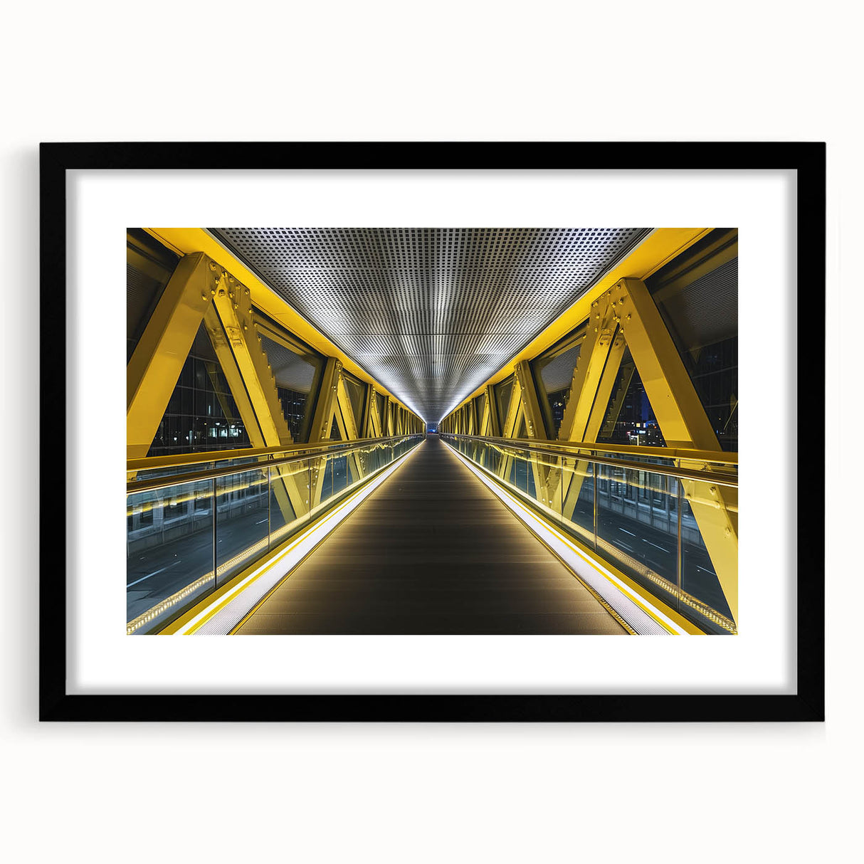 Landscape bridge frame in black with a mat, showcasing a sleek front view, ideal for modern home decor and art displays, enhancing any interior aesthetic.