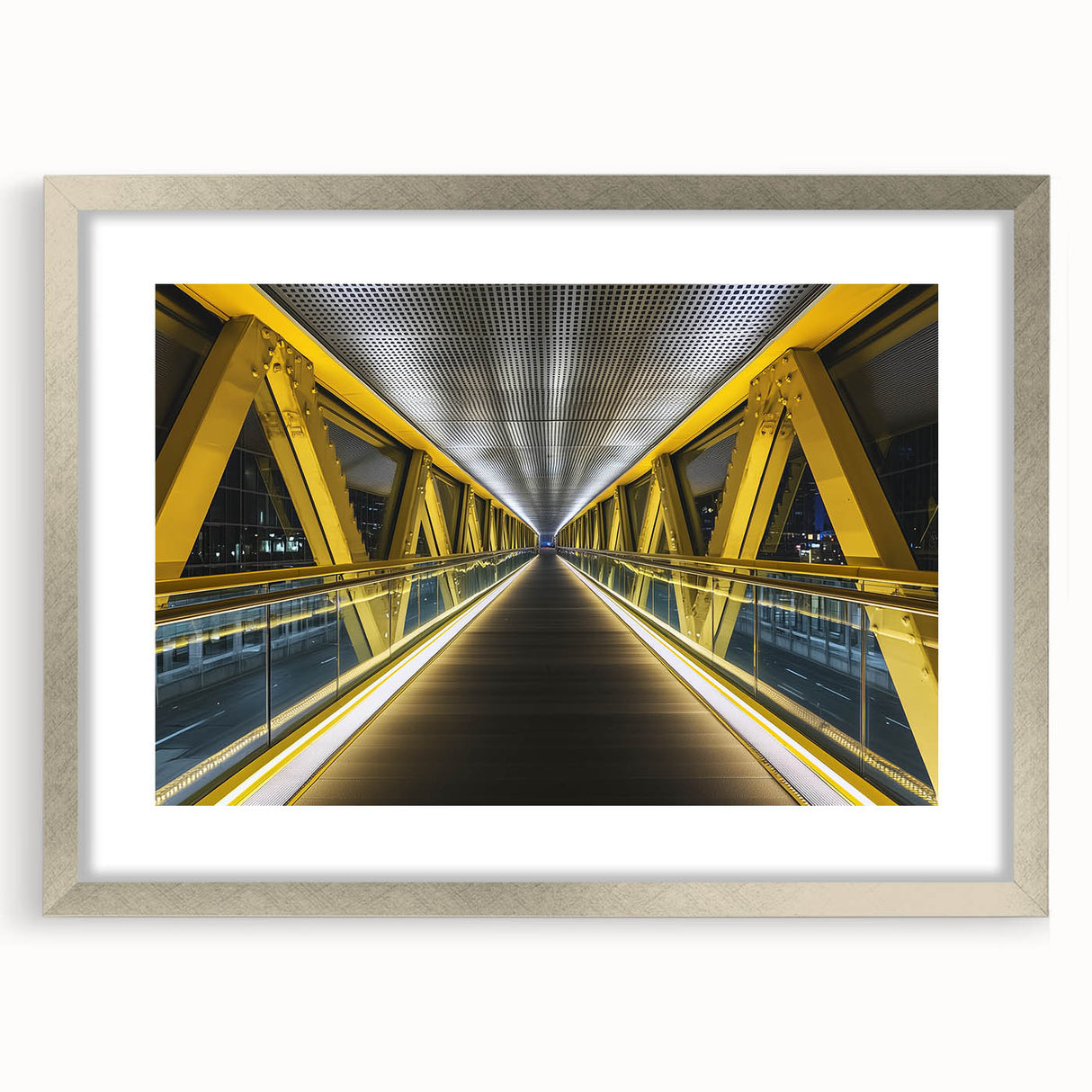 Landscape bridge frame in silver with a white mat, showcasing a modern design ideal for home decor. Perfect for displaying cherished photos or artwork.